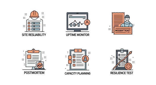 Business Icons: Site Reliability, Uptime Monitor, Postmortem, Capacity Planning