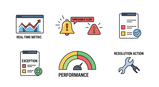 Business Icons: Metrics, Alerts, Performance, Resolution, Exception