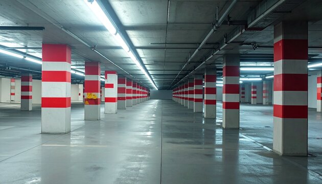 Empty underground parking garage with polished floor, white columns with red bands, fluorescent lights above, symbolizing symmetry, depth, and geometric repetition in modern infrastructure.