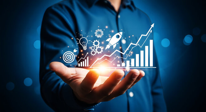 Man holding glowing business growth chart rocket lightbulb and target icons hand
