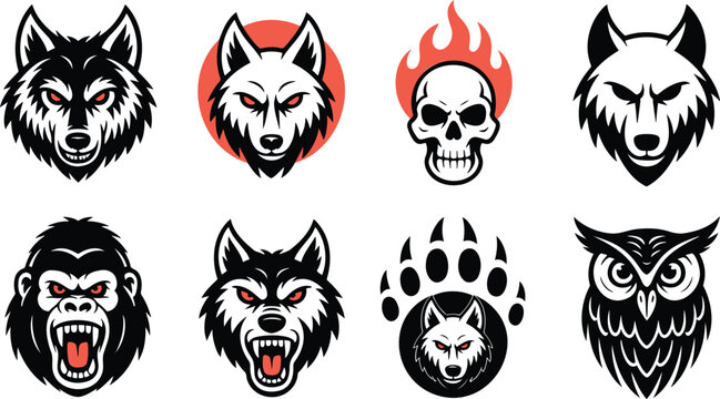 Collection of powerful animal head logos including wolves, gorilla, owl, and a flaming skull design