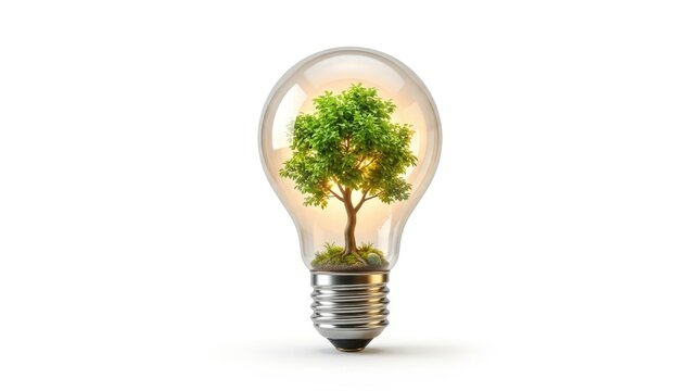 3D illustration of a classic glowing light bulb containing a vibrant green tree growing inside, symbolizing green energy, eco-friendly innovation, sustainable ideas, and pure power.