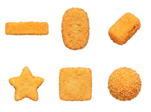 Assortment of crispy breaded fried food snacks in various shapes including star, square.