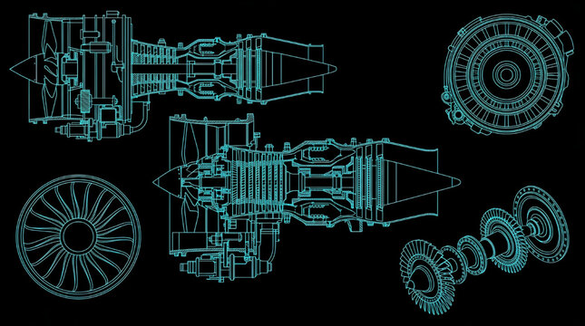 Turbine Engine System Diagram Line Art Technical Assembly Illustration CAD Blueprint Mechanical Engineering Vector Set