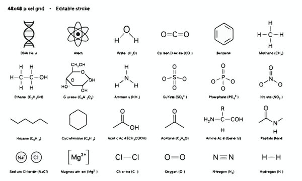 Organic and inorganic molecular structures arranged in a grid with scientific labels for educational purposes