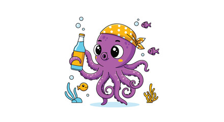 Fototapeta premium Fun purple octopus character wearing a yellow polka dot bandana and holding a soda bottle underwater with colorful fish and coral reefs.