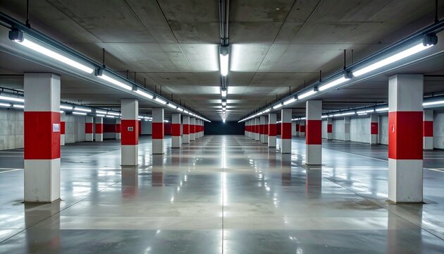 Empty underground parking garage with polished floor, white columns with red bands, fluorescent lights above, symbolizing symmetry, depth, and geometric repetition in modern infrastructure.