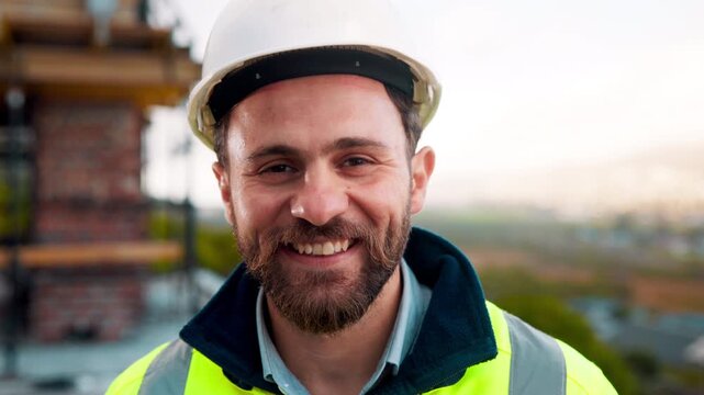 Helmet, happy and face of construction worker on site with confidence for industrial career. Man, hardhat and portrait of civil engineer with pride for about us with building, repairs or maintenance