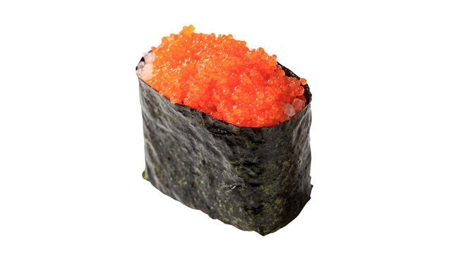 Single delicious uramaki sushi roll covered in bright orange tobiko caviar isolated on transparent background