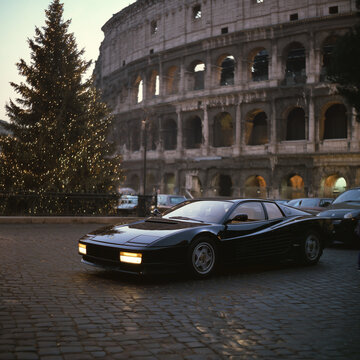 schwarzer Ferrari Testarossa vor dem Kolosseum in Rom zur Abendd&auml;mmerung. Ikonischer Supersportwagen, italienisches Design und historische Kulisse. Editorial.