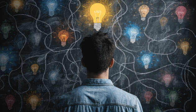 Man contemplates glowing lightbulbs connected by lines representing ideas and innovation during creative thinking