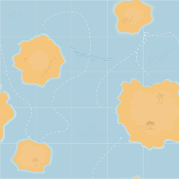 A treasure map with islands and marine life. Tropics and palm trees, a whale on the waves. Vector illustration. grid coordinates, dotted path, seamless pattern