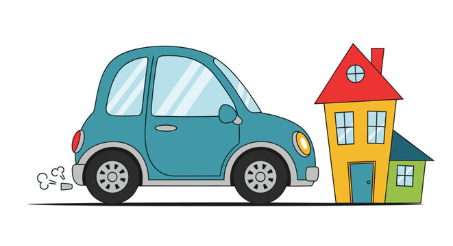 Small teal compact car driving on a road next to a tiny yellow house with a red roof and green extension on a white background.
