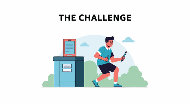 A person runs with a baton and tablet near a filing cabinet