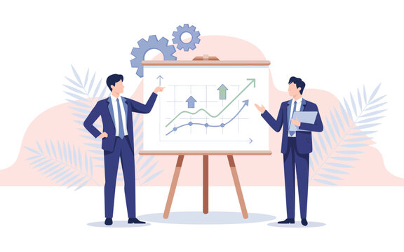 Two businessmen discussing a chart on a flipboard