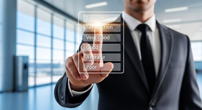 Man in suit touching digital screen with satisfaction survey options finger