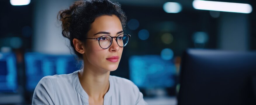 Professional woman analyzing ai errors and misleading results on a sleek desktop computer.