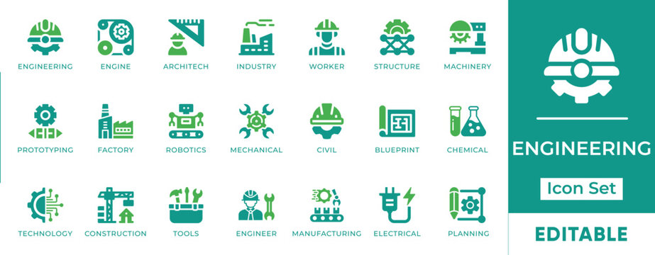Engineering Construction Industrial Architecture and Manufacturing Vector Icon Set