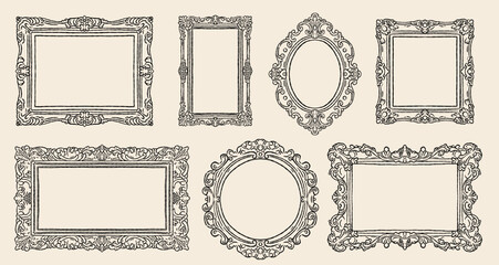 Hand drawn vintage baroque picture frames illustration set. Cute doodle sketch of classic museum mirrors and antique ornate borders. Black ink line art isolated on cream beige background. © curly