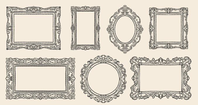 Hand drawn vintage baroque picture frames illustration set. Cute doodle sketch of classic museum mirrors and antique ornate borders. Black ink line art isolated on cream beige background.