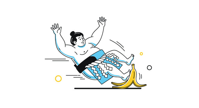 Funny sumo wrestler character losing balance and slipping on a yellow banana peel for sports humor and comedy in a minimal flat style.