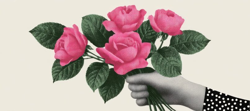 Halftone hand with bouquet of pink roses for vintage sticker and mixed media design
