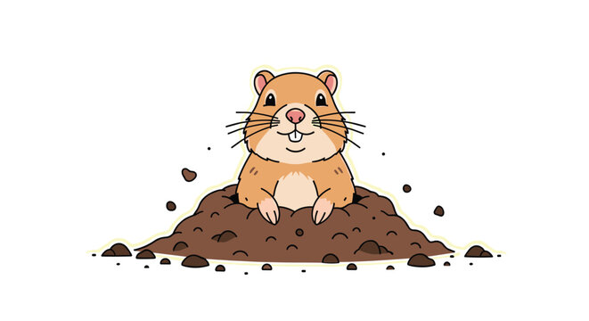 Cute cartoon gopher or groundhog popping its head out of a dirt mound on a clean white background.