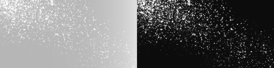 Silver glitter corner background on black and gray, glowing bokeh particles dust trail © Maxim