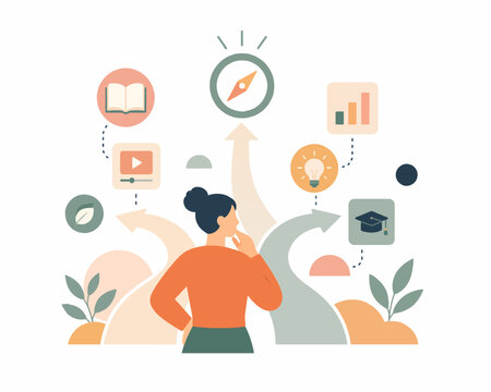 Person choosing their own self-directed learning path with autonomy and control, autonomous learning and personal choice concept, flat illustration