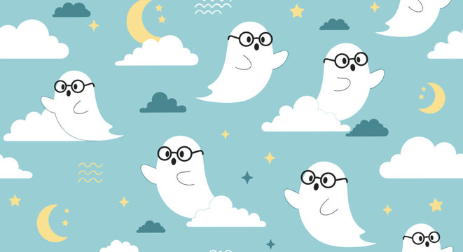 Whimsical seamless pattern of friendly white ghosts wearing glasses flying among clouds, moons, and stars in the night sky.