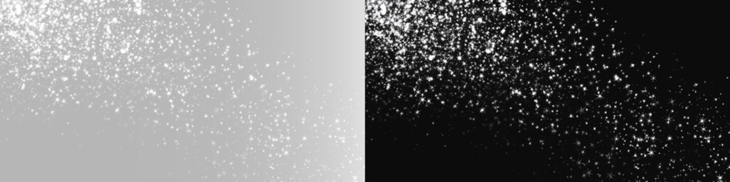 Silver glitter corner background on black and gray, glowing bokeh particles dust trail