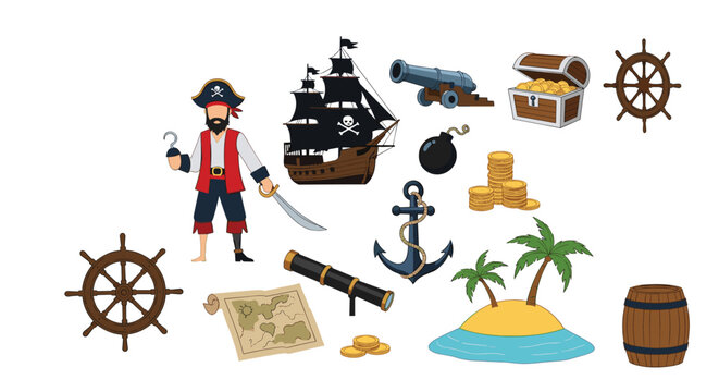 Extensive set of pirate themed illustrations featuring a captain with a sword, a ship, treasure chest, anchor, and maps.