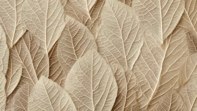 Delicate skeleton leaves arranged in an overlapping natural pattern, showcasing intricate vein details and organic textures. Soft beige tones create a calming, minimalist background