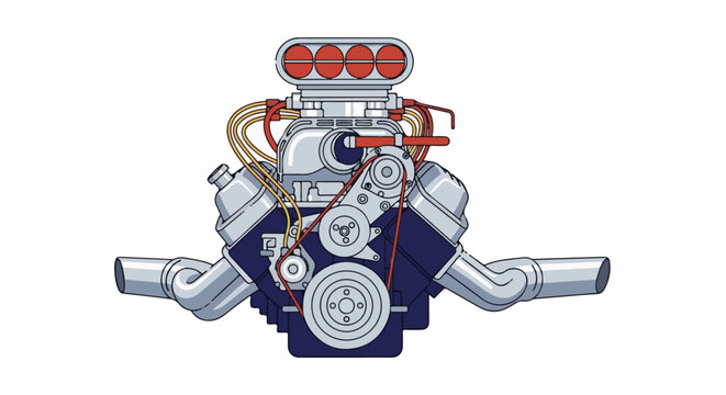 A powerful V8 engine with a chrome intake and exhaust pipes