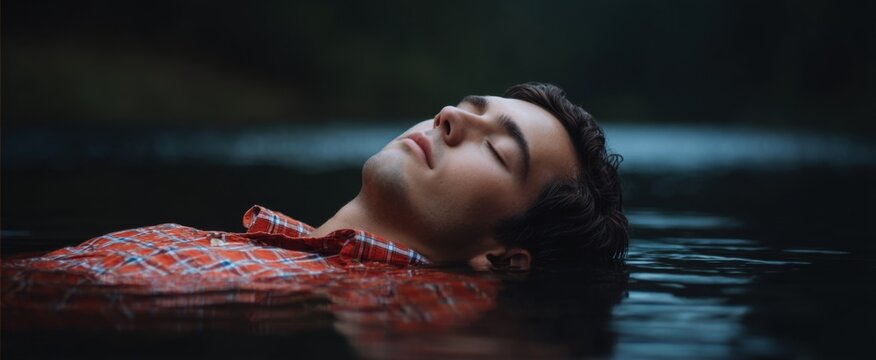 A man floats like a leaf on a lake lost in thought