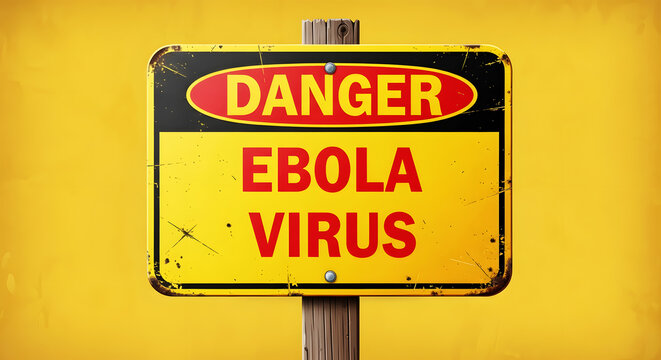 Yellow danger sign warning of ebola virus on weathered wooden post image
