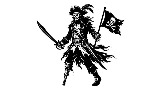 Pirate with sword and skull flag.