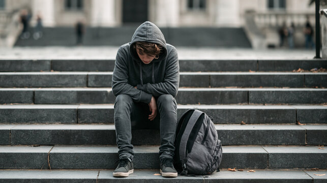 Teenager sitting alone with head down on outdoor steps, representing sadness, loneliness, depression, mental health challenges, stress, and emotional wellbeing