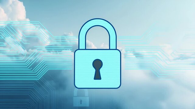 Digital cloud security concept with abstract circuit lines and padlock icon overlaying a serene sky filled with fluffy clouds. Futuristic technology background for data protection themes