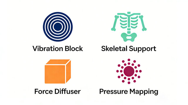 The shock-absorbing ring, skeletal contour, and pressure dot matrix represent the dispersion of shock-absorbing support force, suitable for ergonomic chairs and sports protective gear.
