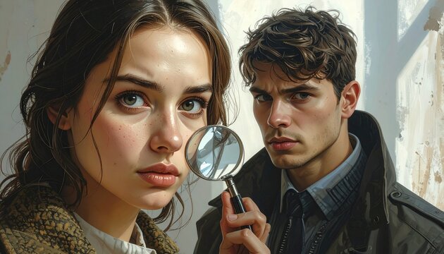 Magnifying glass focusing on person with cybernetic enhancements, curly hair, suit, metallic facial components, wires, devices, laboratory background, symbolic fusion of human identity and machine tec