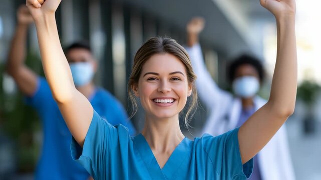 Confident female healthcare worker smiling and raising her fist in celebration, with supportive medical team in the background. Medical professionals show unity and positivity outdoors