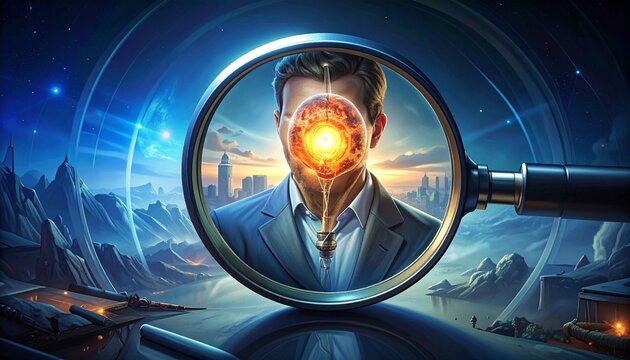 Magnifying glass focusing on person with cybernetic enhancements, curly hair, suit, metallic facial components, wires, devices, laboratory background, symbolic fusion of human identity and machine tec