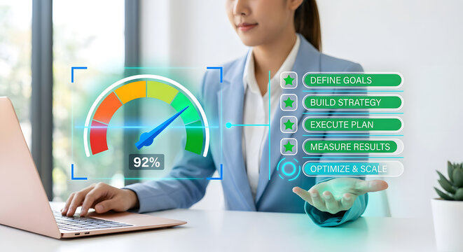 Businesswoman using laptop with holographic performance gauge showing 92% and strategy checklist define goals build execute measure optimize for business performance management concept
