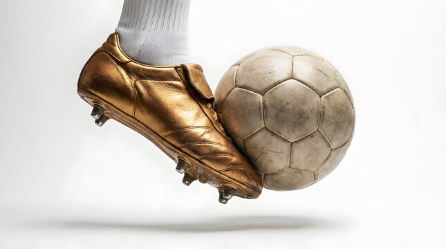 Golden soccer boot kicking a realistic football