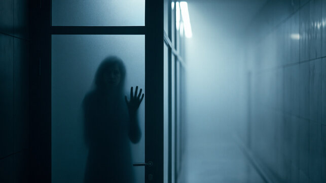 Mysterious silhouette standing behind frosted glass in a dark corridor, creating an atmosphere of fear, suspense, horror, and supernatural uncertainty