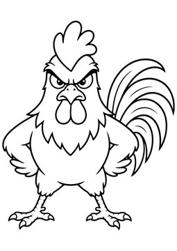 Black and white cartoon rooster with angry intense expression on white background. Clean line art for coloring pages, prints and laser engraving designs.