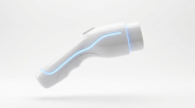 3D sleek illustration of a futuristic white electric vehicle charging gun handle with glowing blue accents, symbolizing zero-emission transport and modern e-mobility infrastructure.