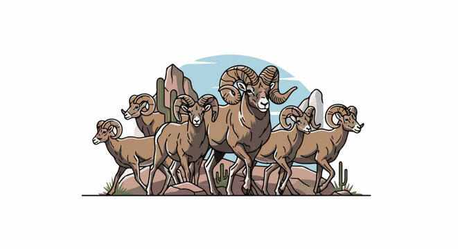 Five rams with large horns stand in a rocky desert landscape