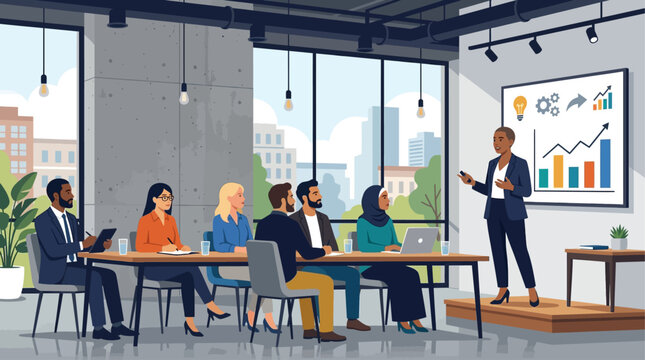 This flat design illustration portrays a business professional delivering a presentation in a contemporary industrial-style conference room. It captures a moment of knowledge sharing
